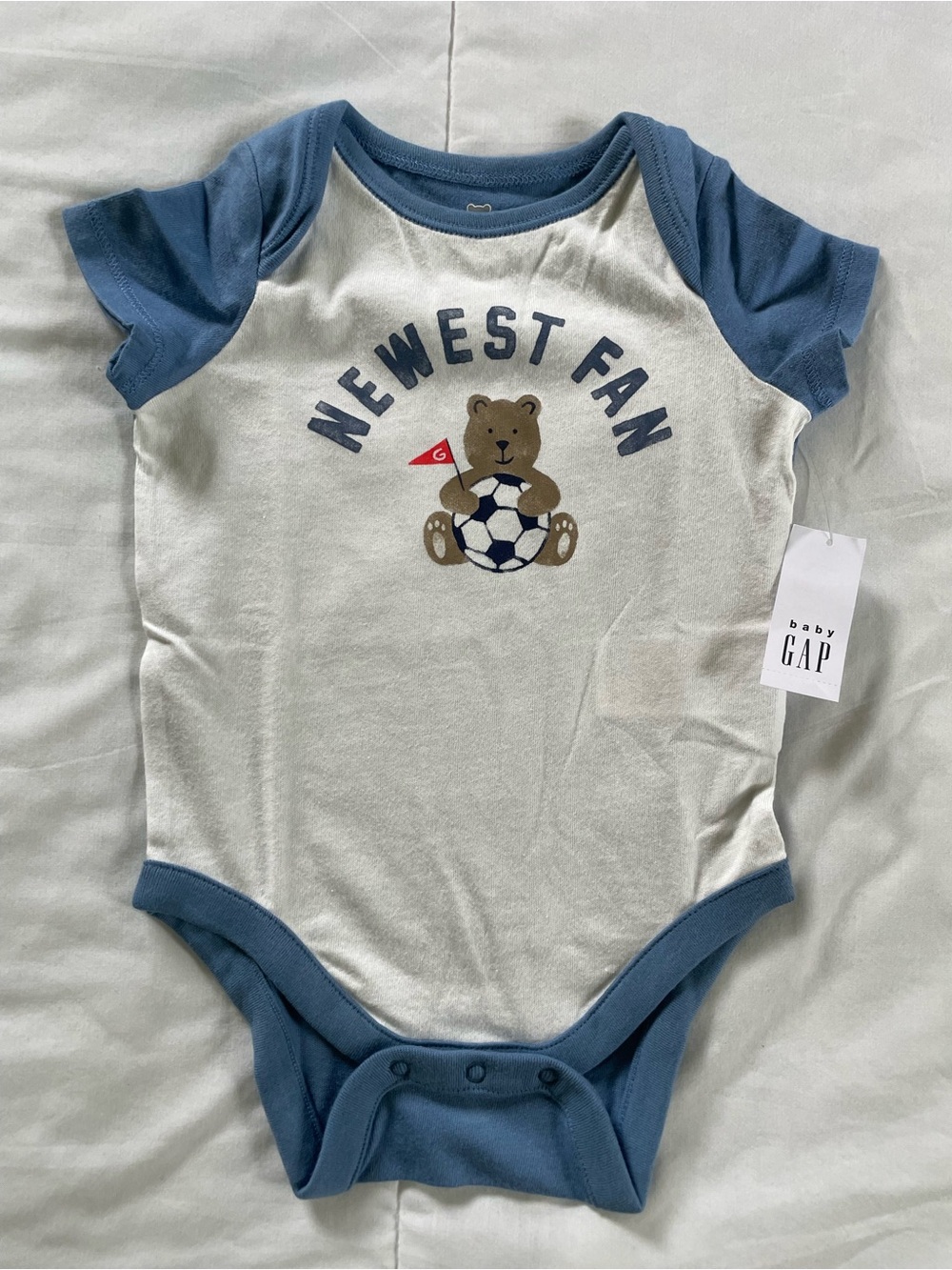 Baby GAP Blue & White 'Newest Fan' Teddy Soccer One-Piece